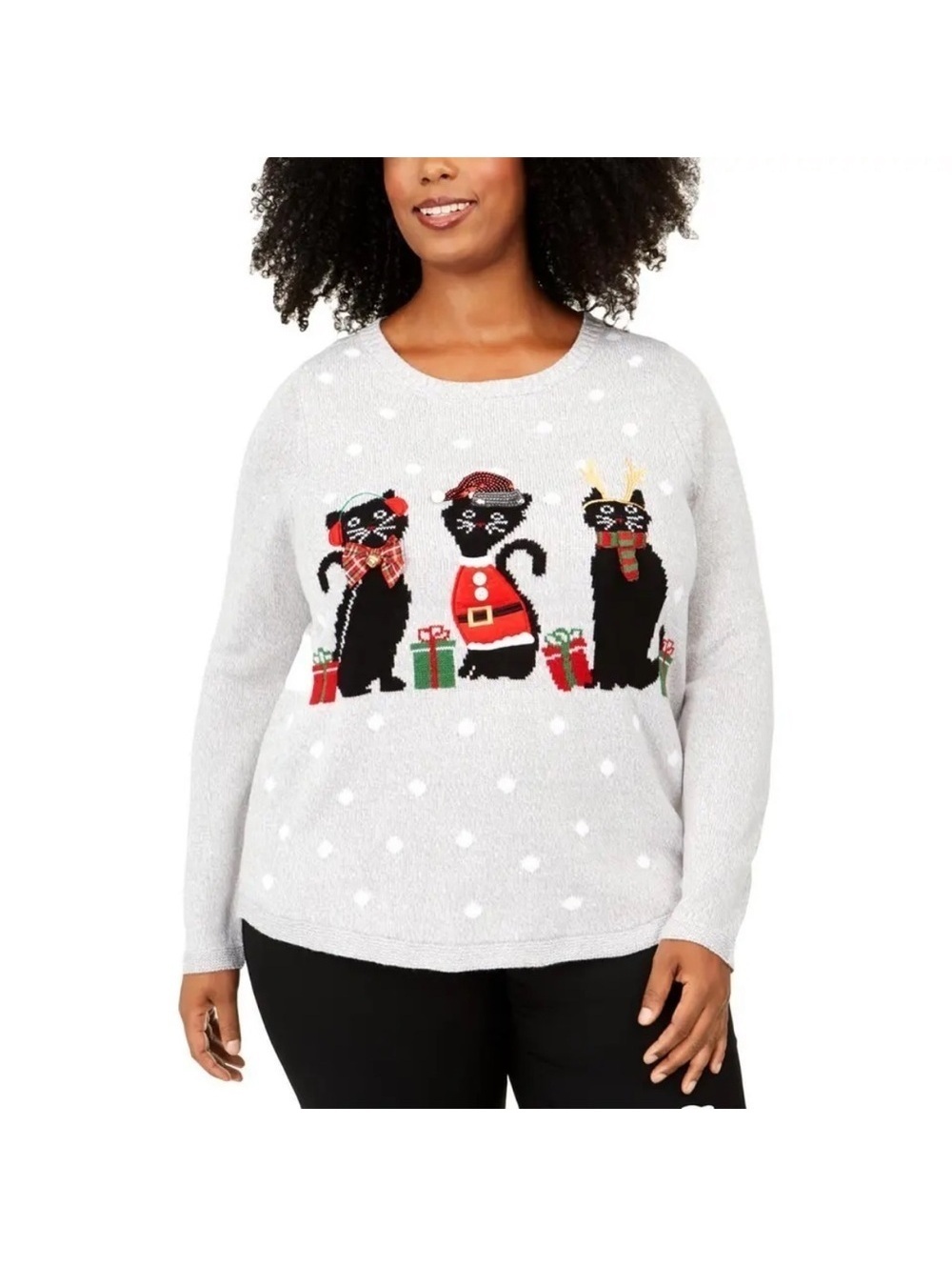 Karen Scott Christmas Holiday Sweater Cats and Polka Dots Graphics Size 0X NEW